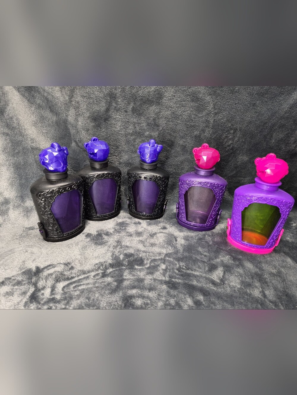 Monster High Mystery Potions 5  Bottles  6” Purple Pink Black 2023 EMPTY BOTTLES